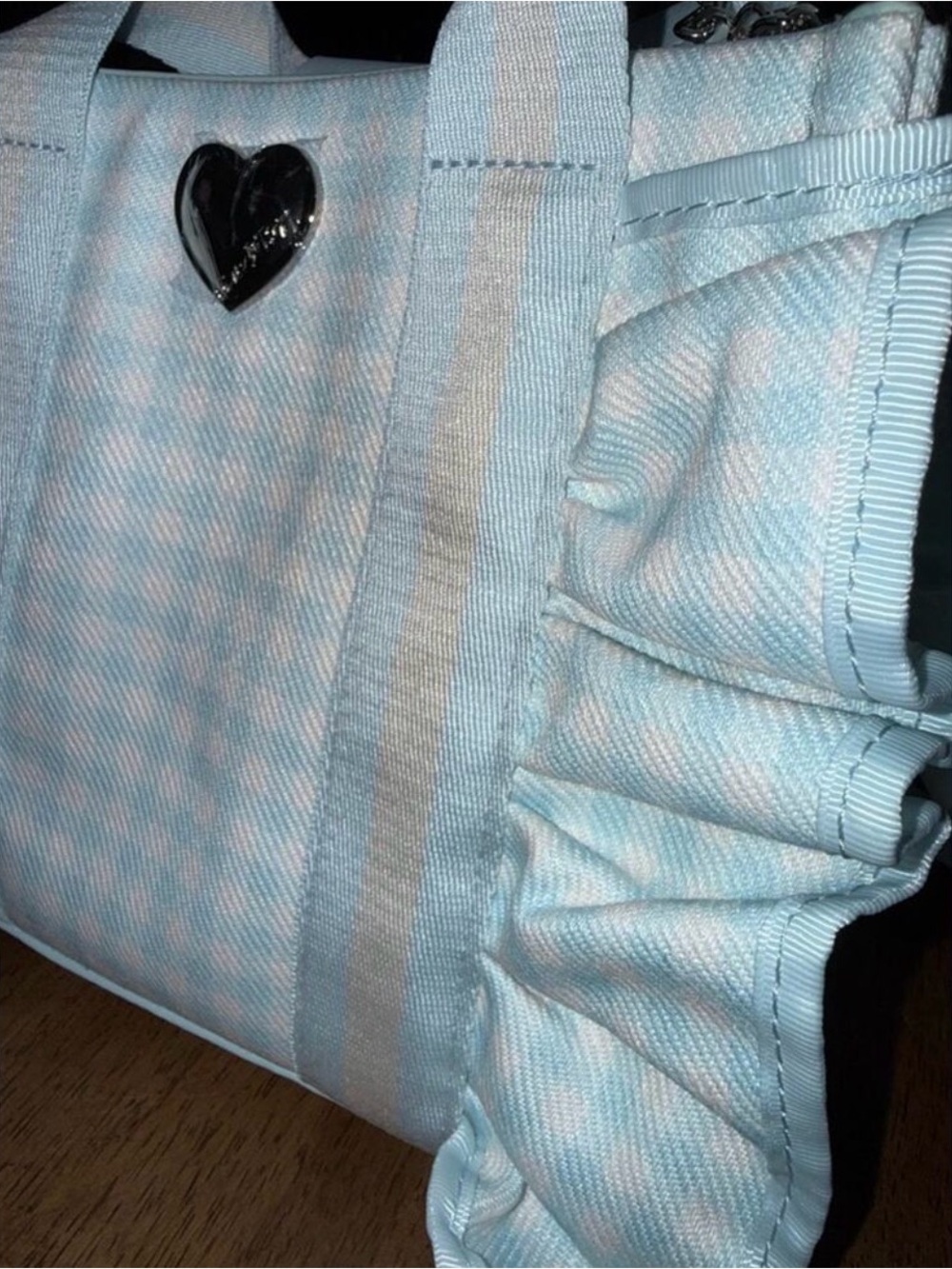 Betsey Johnson Pastel Blue & White Gingham Tote with Heart Charm - Picture 5 of 7